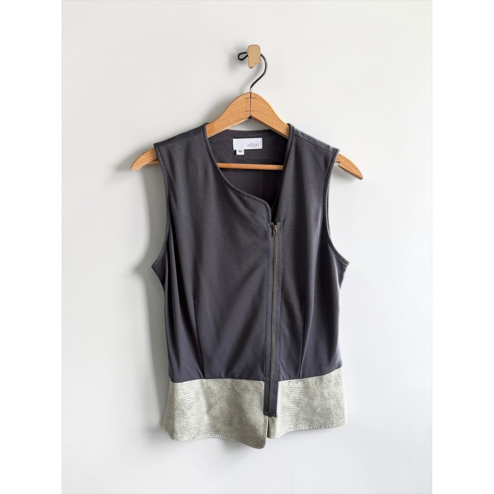 Killion Womens Gray Asymmetrical Zip Top Metallic Lambskin Leather Trim Size M